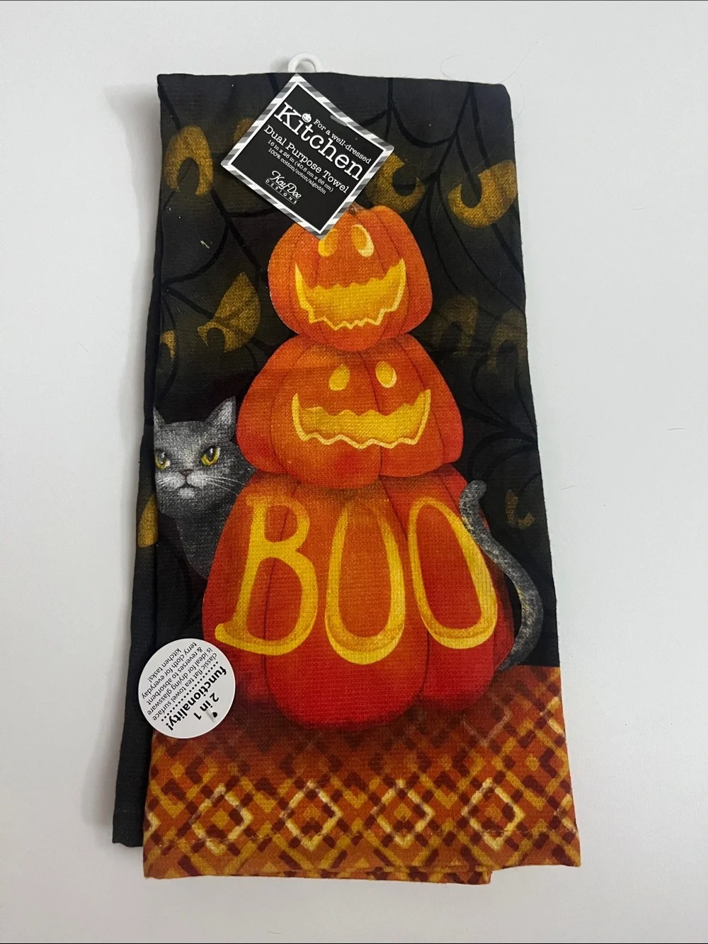 Halloween Jack-O'-Lantern Kitchen Towel with Cat - Black and Orange